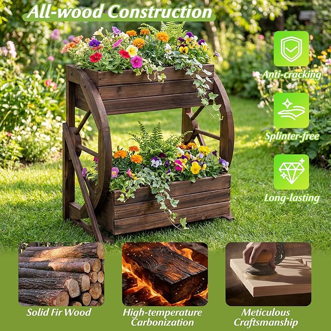 Giantex Wooden Wagon Planter Box, 2 Tier Raised Garden Bed with Drainage Holes, Rustic Wood Planter for Flowers Herbs Vegetables, Indoor Outdoor Patio Garden Balcony