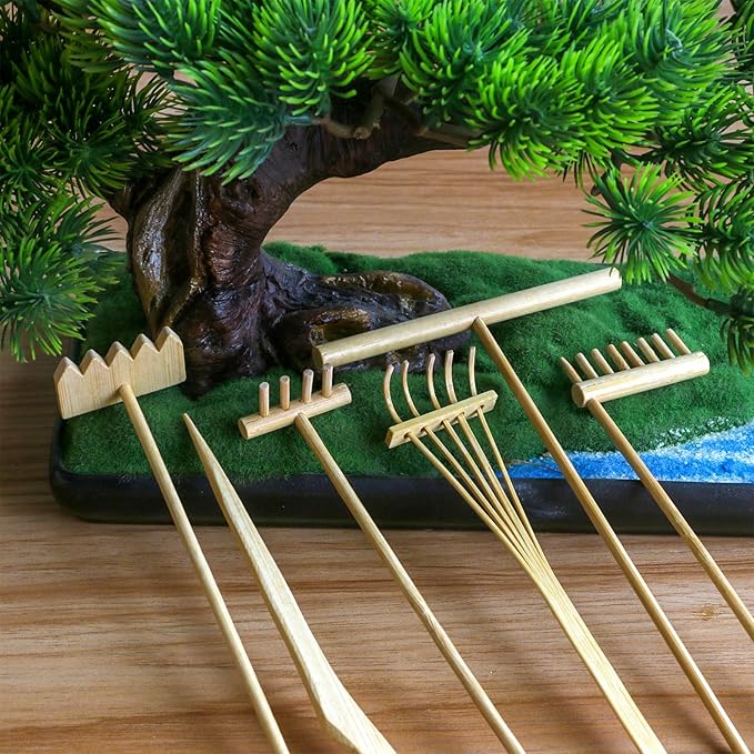 Mini Zen Garden Rake Tool - Tabletop Meditation Rock Sand Garden Kits with Moss Rakes Brusher Spoon Figurines Holder