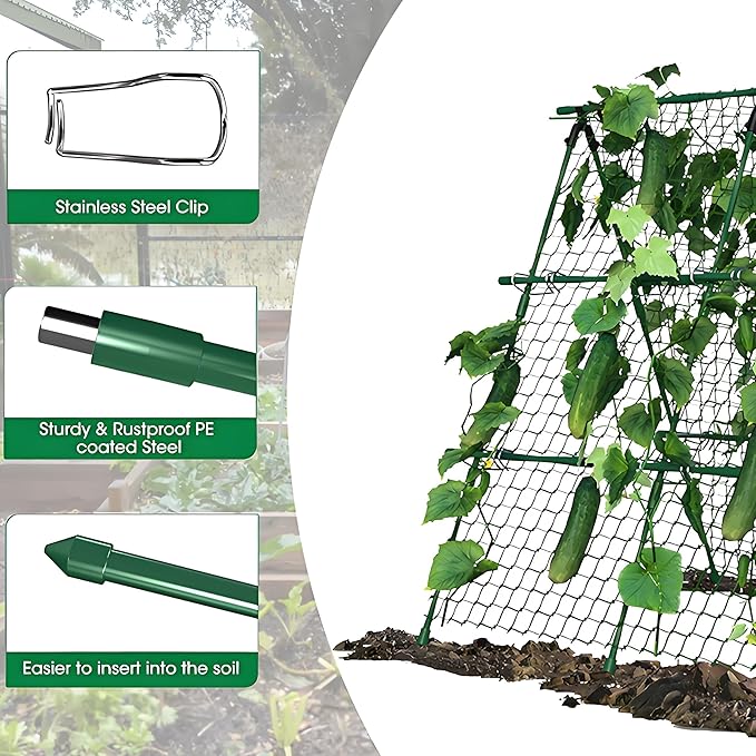 4ft x 4ft Green Metal a-Frame Cucumber Trellis for Climbing Plants – Foldable Garden Support for Cucumbers, Tomatoes, Peas, Beans & Vines with Netting – Fits Raised Beds