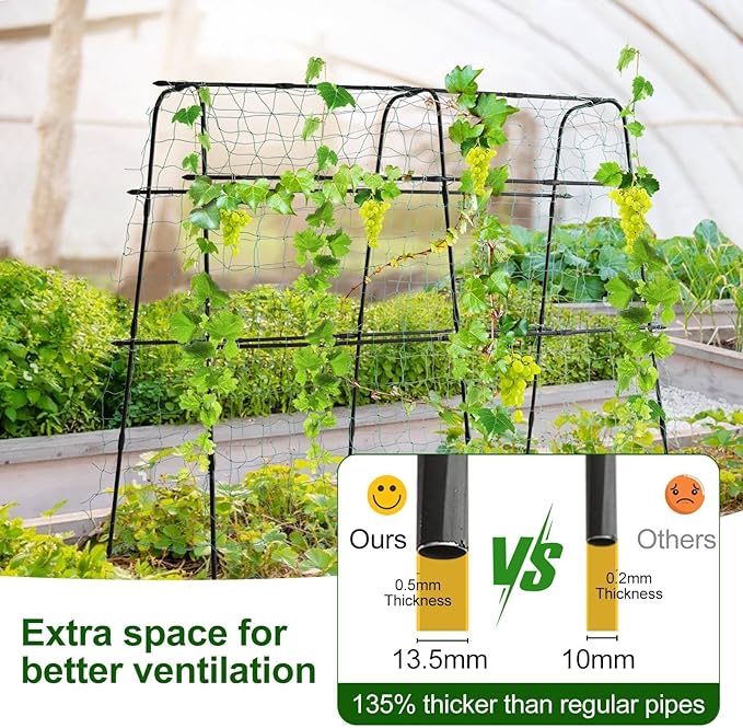 Garden Trellis for Climbing Plants Outdoor, Metal Cucumber Trellis Plant Support for Outdoor Vegetables Fruits Flowers Vines Cucumber Trellis Raised Bed, with Nylon Netting, 63" Hx 63" L, Black