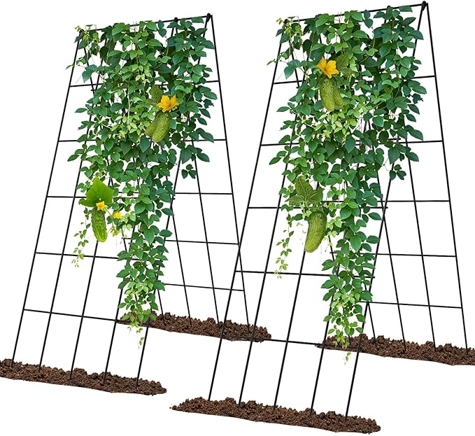 Cucumber Trellis 2 Pack, Foldable A-Frame Garden Trellis for Raised Bed Garden Grow Support with Plant Support Clips, Twist Ties, Plastic Ties, for Cucumber,Tomato, Climbing Plants and Flowers