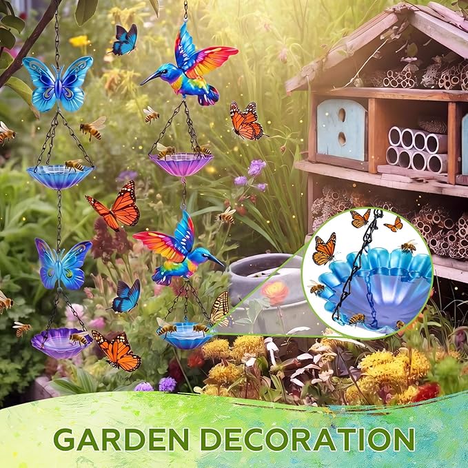 Tandefio 2 Pack Hanging Bee Watering Station, Butterfly Feeder, Flower Shaped Bowl Bee Metal Cups for Outdoor Garden Yard Decor, Pollinator Feeding Station 19.6 Inch (Butterfly & Hummingbird Style)
