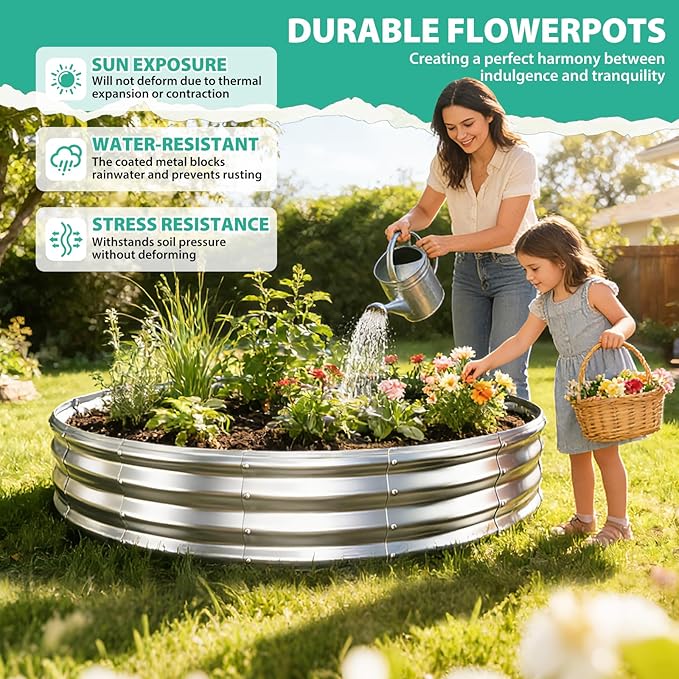 6FT Diameter Galvanized Garden Raised Bed/Plant Box/Fire Pit Ring-0.8mm Thick,12 Inch Tall,Crimped Edge and Corner,No Sharpe,Perfect for Plantings (Silver, 72 Dia X 11.5 inches)
