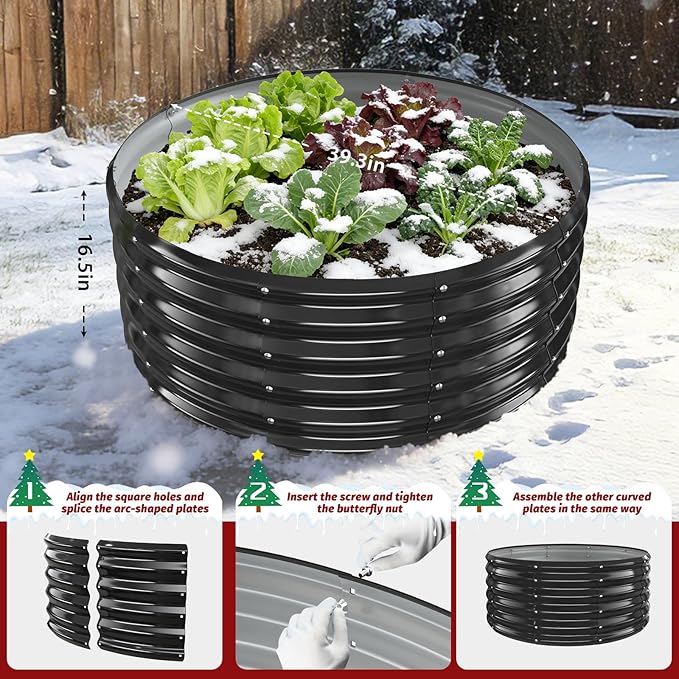 16 Inch Tall Heavy-Duty Round Steel Rised Garden Bed – Wave-Shaped Design Galvanized Metal Planter Box for Vegetables Flowers Succulent at Patio/Garden Outdoor (Black, 40" Diameter X 16" Tall)