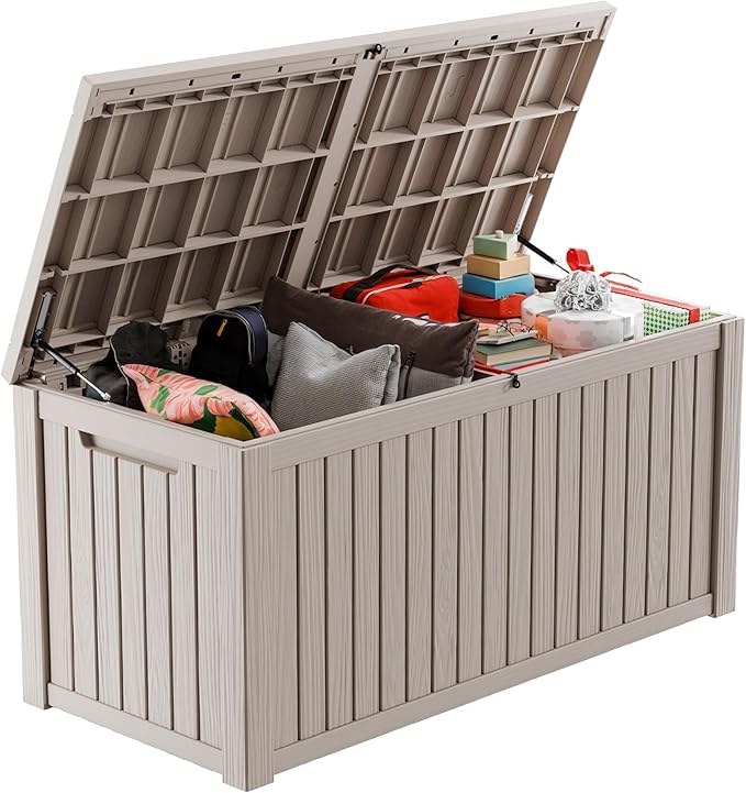 ROJIK 200 Gallon Waterproof Outdoor Deck Storage Box, Lockable Resin Patio Storage Bin with Lid for Garden Tools, Patio Cushions & Outdoor Accessories(Grey)