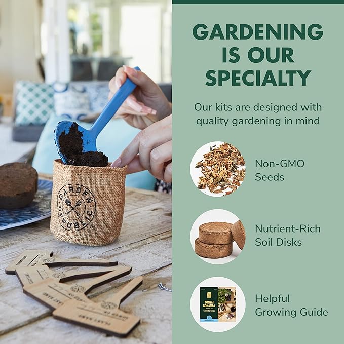 Garden Republic Bonsai Tree Kit - Mini Bonsai Seeds, 4 Types - Seed Starter Plant Growing Kit - Potting Soil Jute Bags Pruning Shears Scissor Tool Plant Markers - Gardening Gifts