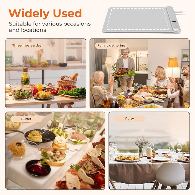 Warming Mat for Food Small Warming Tray with 6 Temp & 6H Timer, 300W Full Surface Heating, Waterproof Foldable Hot Plate for Countertop, Apartment/Dorm Use, New Light Gray