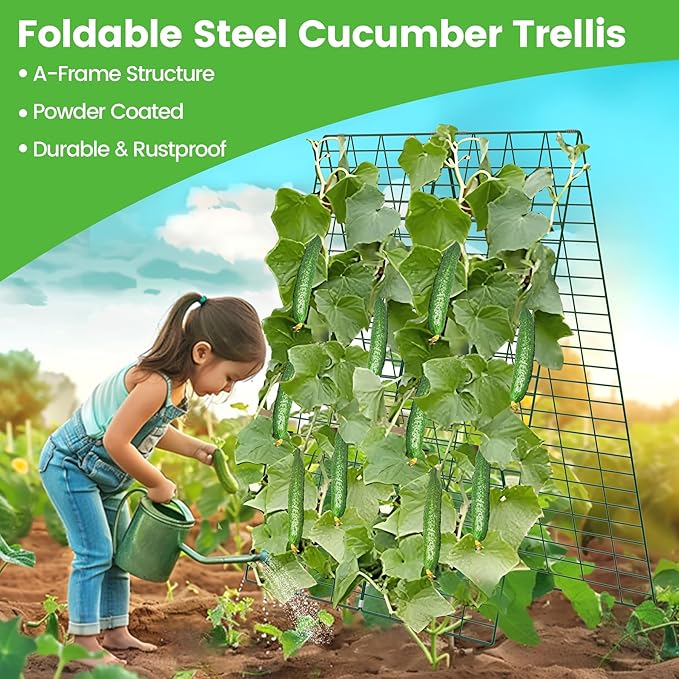 Foldable Cucumber Trellis 3 Pack, 48" L x 34" W A-Frame Trellis, Climbing Plants Support Raised Bed Trellis, with Twist Ties & Plant Bags for Outdoor Yards Gardens