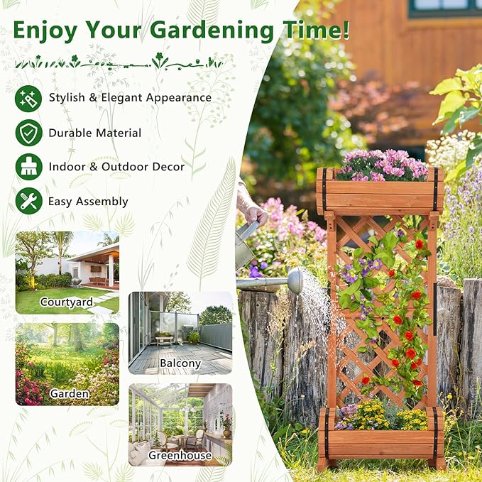 Giantex Raised Garden Bed with 2 Barrel Planters & Trellis, 2-Tier Freestanding Wooden Raised Bed for Vine Vegetable Flower Fruit, Indoor Outdoor Plant Box for Garden Yard Balcony 18" Lx14 Wx44.5 H