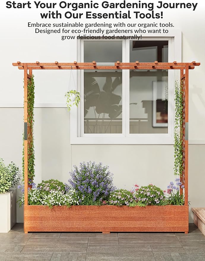Raised Garden Bed with Trellis, Wood Planter Box with Hanging Roof & Drainage, Elevated Garden Bed for Climbing Plants, Vegetables, Flowers