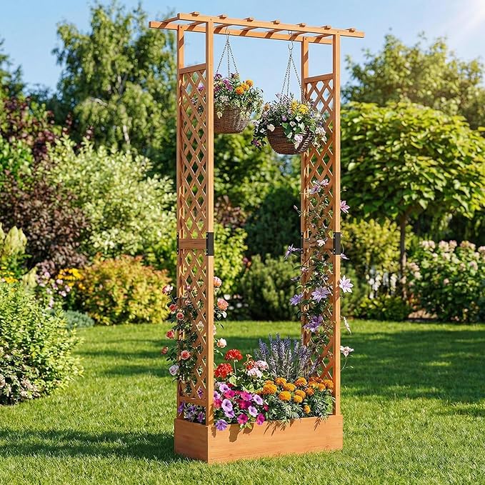 Giantex Wooden Raised Garden Bed with Trellis & Hanging Roof, Fir Wood Planter Box, 89” Freestanding Elevated Garden Bed for Outdoor Climbing Plants Vegetables Flowers, Patio & Balcony, Orange