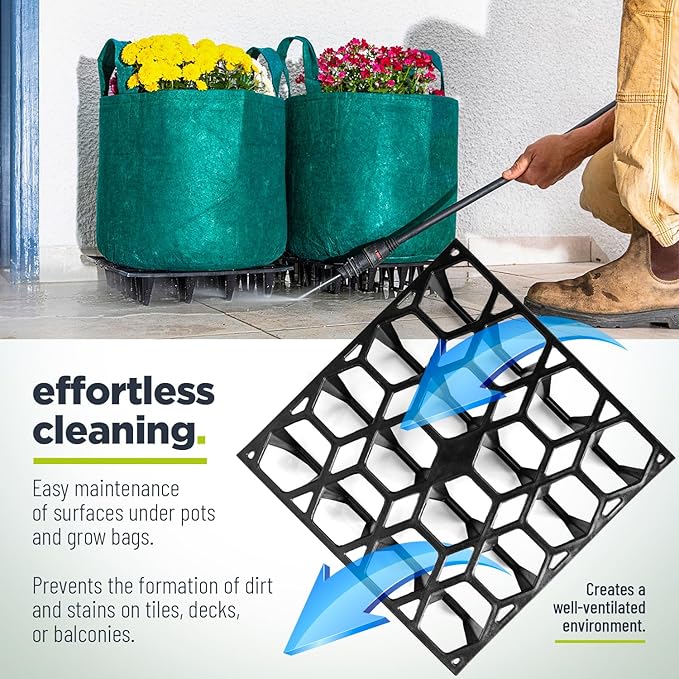 Plant Riser – Modular Pot Spacer for Grow Bags, Planters & Containers – UV-Resistant Drainage Tray for Airflow, Root Health & Cleaner Surfaces (Standard Black, 7 Pack)