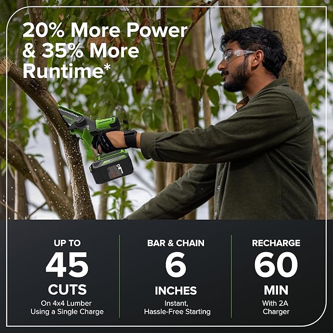 Greenworks 24V 6in BL Pruning Saw w/Auto Oiler, (1) 2.0Ah Battery & 2A Adapter Charger for Tree Trimming and Pruning