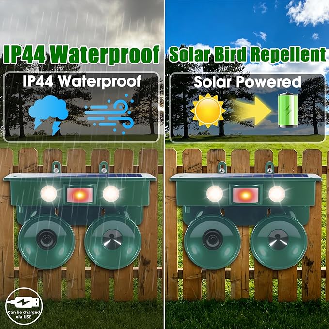 Solar Ultrasonic Bird Repellent Devices Pigeon Repeller Outdoor with Flash Light, Ultrasonic Animal Stopper Device with Motion-Sensor, Bird Repellent to Keep Birds Away from Patio Balconies Farm