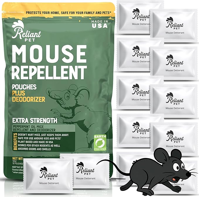 Mouse Repellent Pouches - Rodent Repellent Made in USA (12 Pouches) - Keep Rodents Out of Cars Engines - Mice Repellent Indoor and Outdoor - Mouse Deterrents That Work with Peppermint Oil