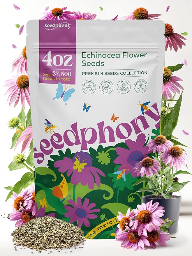Echinacea Seed Pack 4 oz - 37,500 Non-GMO Heirloom Echinacea Seeds for Planting, Perennial Flowers in Waterproof Seed Packet, Coneflower Seeds for Planting Garden Indoor & Outdoor Gardening