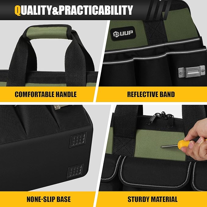 Heavy Duty Tool Bag 15-Inch, 16-Pocket Portable Empty Tool Box Organizer, Big Storage Toolbox Organization, Soft Handle Large Zipper Carrying Toolbag, Father Day Gifts for Him Dad Men, Green