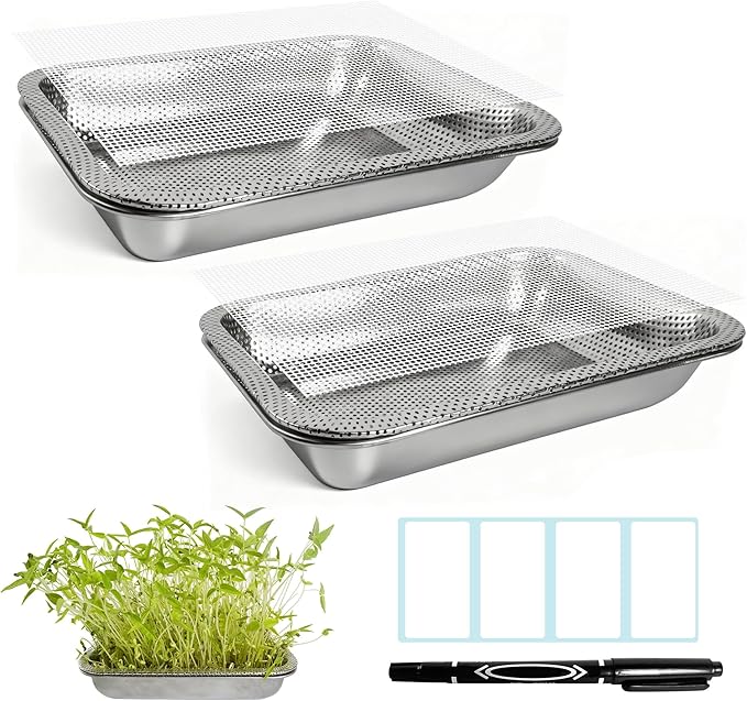 2 Pack Stainless Steel Seed Sprouter Trays, 2-Tier Soil-Free Microgreens Growing Kit, Rust-Free Sprouting Tray with Mesh Pads for Sprouts Beans Alfalfa Wheatgrass