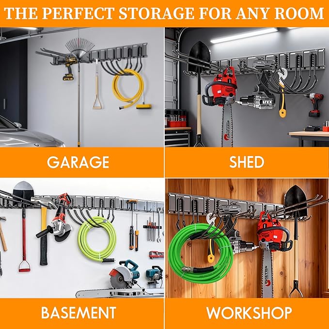 64'' Garage Tool Organizer Wall Mount - Heavy Duty 680 lbs Capacity Tool Rack with 10 Adjustable Hooks, Wall Mounted Storage System for Garage, Shed, Workshop (Black)