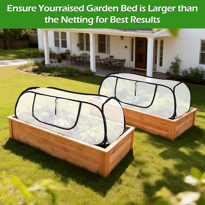 2 Pcs Pop Up Garden Mesh Plant Cover for Raised Beds, 47x20x16 Inch Outdoor Mesh Enclosure with Side Window & 4 Ground Stakes, Protects Fruits, Vegetables, Seedlings & Herbs (2 Pcs (47x20x16 Inch))