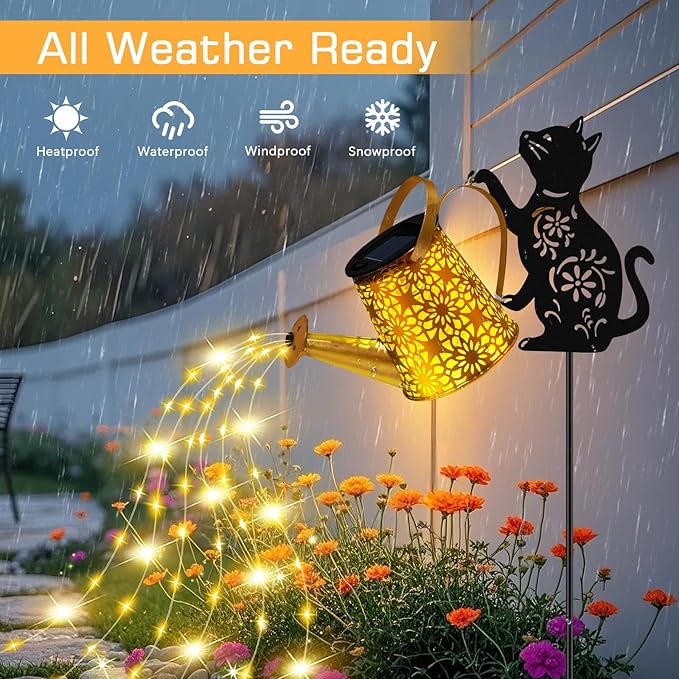 Garden Decor for Outdoor - Solar Watering Can with Lights, Metal Cat Silhouette Stake with Cascading Waterfall LEDs, Waterproof Yard Art for Lawn Patio, Unique Gardening Gifts for Women Mom 2 Pack