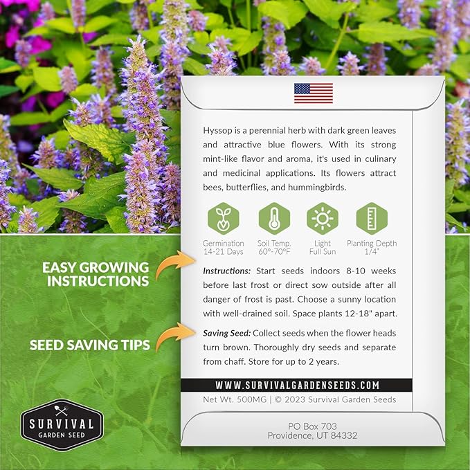 Survival Garden Seeds - Hyssop Seed for Planting - 2 Packets with Instructions to Plant and Grow Hyssopus Officinalis in Your Home Herb Garden - Non-GMO Heirloom Hummingbird Mint
