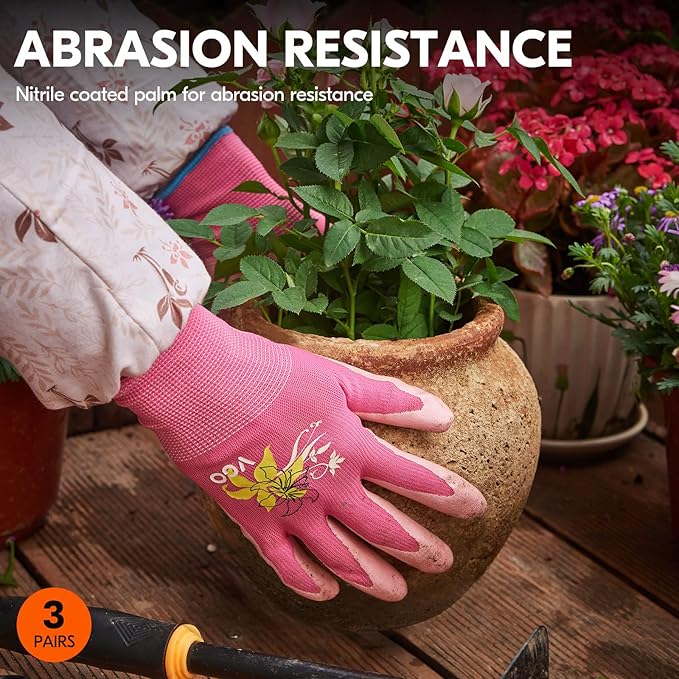 Vgo... 3Pairs Ladies' Nitrile Coating Gardening and Work Gloves (Size S, Green & Pink & Purple, NT2110)