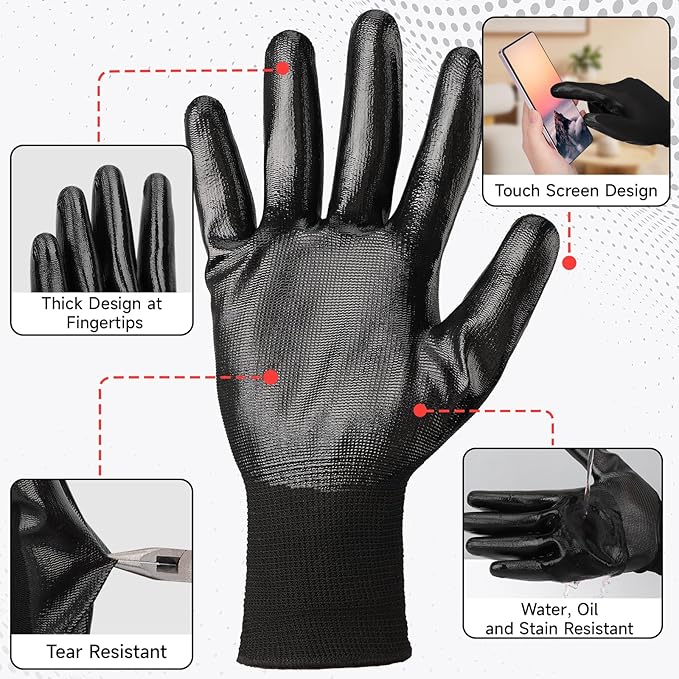 Black Nitrile Coated Work Gloves - 12 Pairs Reusable Winter Work Gloves Men Grip, Construction Tools for Working, Gardening, Fishing, Reusable Heavy Duty Firm Grip Nitrile Gloves XL