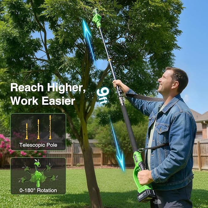 2-in-1 Electric Pruning Shears: 20V Cordless Pole Pruner 1.2" Cutting Diameter - 2 Pcs 4000mAh Battery, 9Ft Telescopic Pole, Extra SK5 Blade, 3 Modes Brushless Power Tree Pruner for Gardening