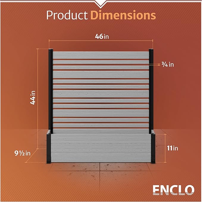 44in H x 46in W x 9.5in L (1 Screen w/Planter) Freestanding Enclo Florence Privacy Fence Screen with Planter Box, Outdoor Vinyl Privacy Screen Panel for Patio & Air Conditioner, EC18007