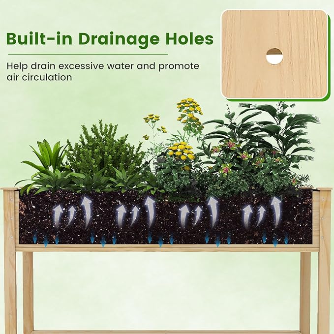 Raised Garden Bed with Legs, Wood Raised Planter w/Lockable Wheels, Drainage Holes & Storage Shelf, Planter Box for Flowers Herbs, Outdoor Balcony Backyard, Natural, 47" L x 23" W x 33" H