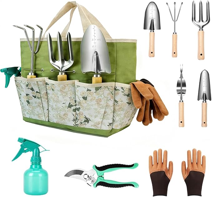 Garden Tool Set, 9 Pcs Heavy Duty Stainless Steel Gardening Hand Tool, Green Garden Tool Bag Kit, Gardening Supplies Gifts for Women Men Mom Dad Gardener Beginner