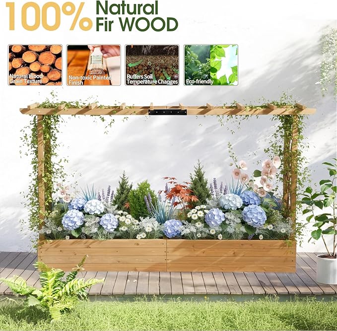 VINGLI Raised Garden Bed with Trellis & Hanging Roof, Wooden Garden Bed, Outdoor Planter Box for Yard, Garden, Balcony (Teak Color, Wider)
