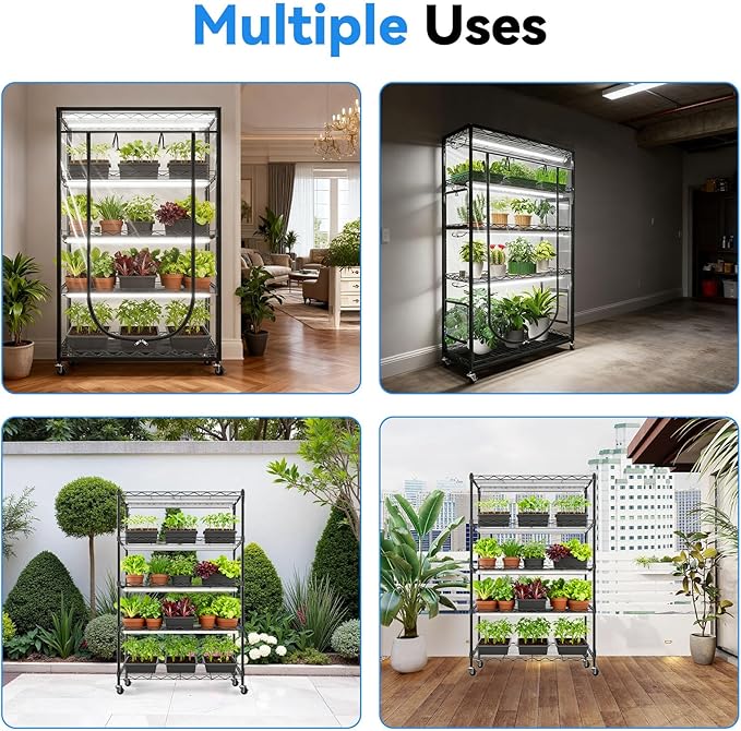JESLED Indoor Greenhouse with Grow Light, 3FT Full Spectrum 5000K LED Light for Seed Starting, Tiered Lighting Control, Built-in Timer & Thermo-Hygrometer, Rolling Metal Plant Stand (35.4x13.8x70 in)