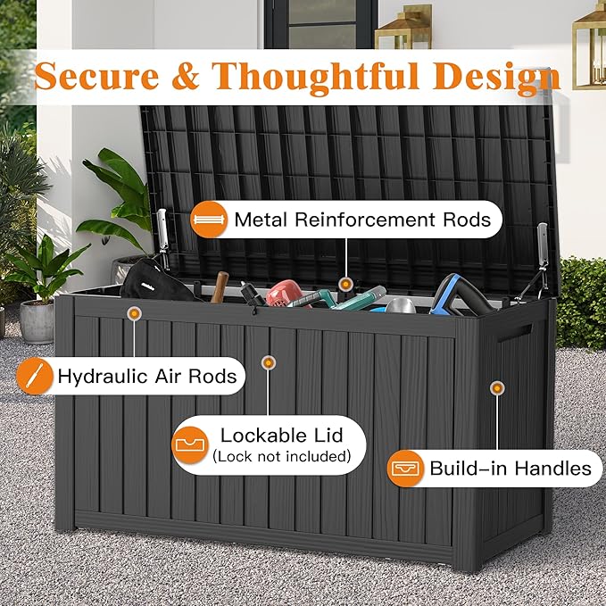 200 Gallon Outdoor Large Storage Box, Waterproof Large Deck Box with Handles & Lid, Large Storage Bins, Resin Patio Storage Box with Hydraulic Rods for Garden Tools, Cushions, for Yard, Pool, Porch