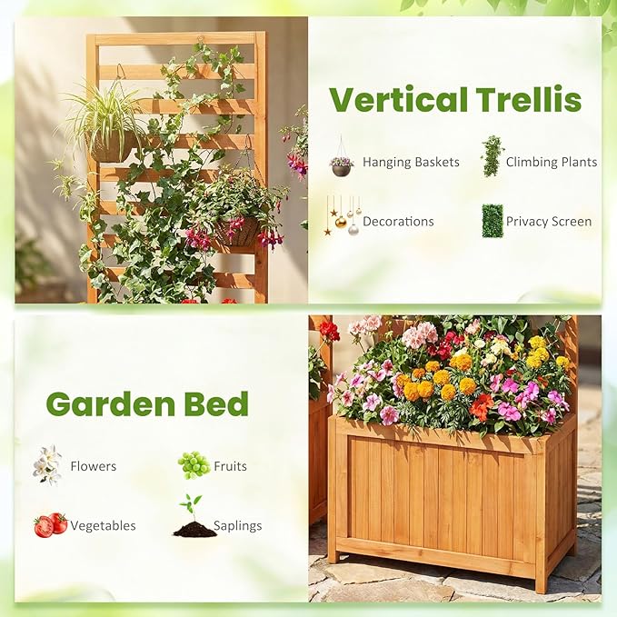 Giantex Set of 2 Wood Raised Garden Bed with Trellis, Outdoor Planter Box for Vines Flowers Vegetables, Herbs, Freestanding Plant Container Privacy Planters for Porch, Patio, Backyard