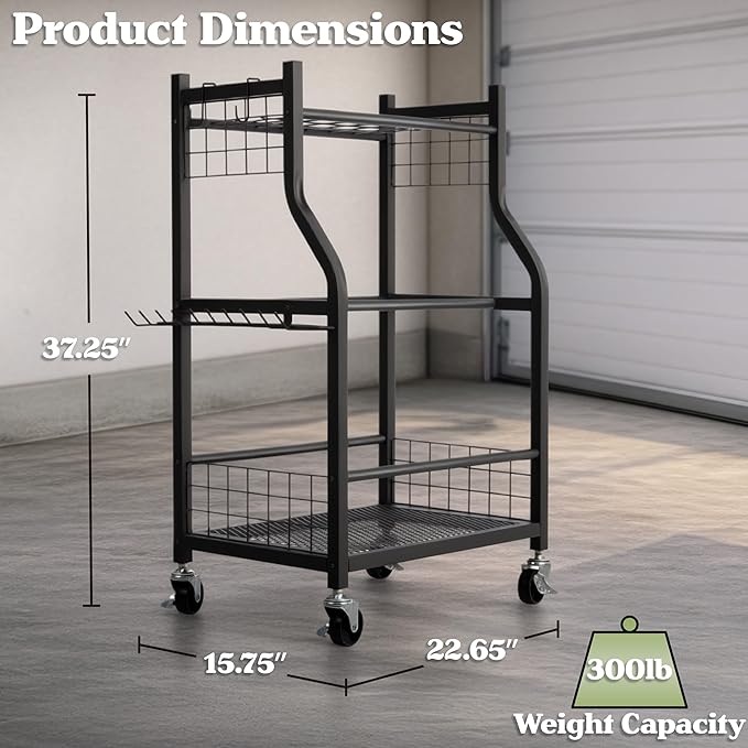 Garage Garden Tool Organizer with Wheels - Yard Tool Storage Rack with 28 Slots for Long Handles, 10 Hooks, 2 Cord Wrappers, and Locking Wheels - Shed or Garage Organization by Pure Garden