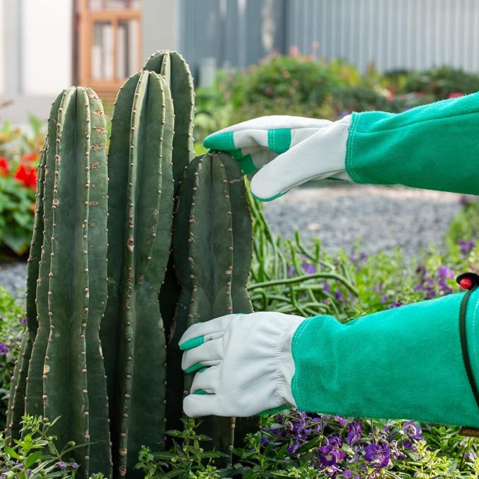 Gardening Gloves, Rose Pruning Gloves Thorn Proof, Long Cowleather Gauntlet Yard Work Gloves with Adjustable Cuffs