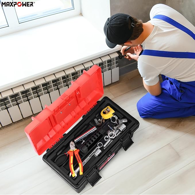 MAXPOWER 17 inch Tool Box, Small Plastic Toolbox with Handle, Removable Tray and Lockable Latches