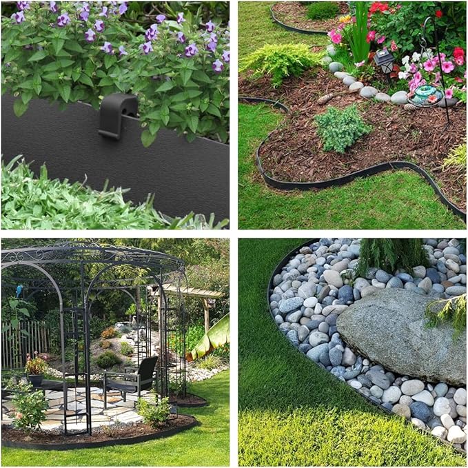 A ANLEOLIFE Black Plastic Garden Landscape Edging, 5” Tall Border Coil, Flexible and Strengthened with Anti-UV Treatment (20ft with 6pcs Stakes)