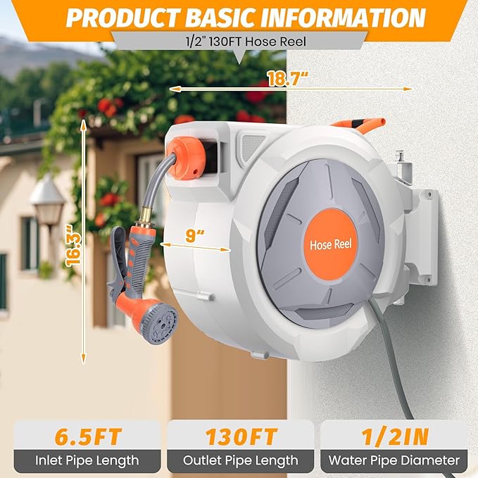 Retractable Garden Hose Reel, 5/8 in x 65 ft Wall Mounted Water Hose Reel with 9 Function Sprayer Nozzle, Any-Length Lock, Automatic Slow Rewind System, 180° Swivel Bracket for Yard, Garden, Outdoor