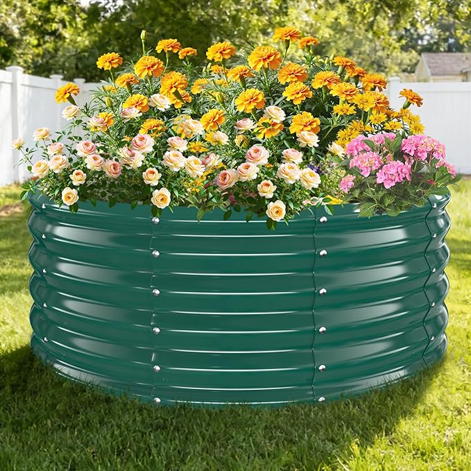 16 Inch Tall Heavy-Duty Round Steel Rised Garden Bed – Wave-Shaped Design Galvanized Metal Planter Box for Vegetables Flowers Succulent at Patio/Garden Outdoor (Green, 40" Diameter X 16" Tall)