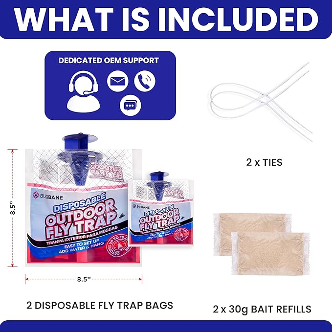 Fly Traps Outdoor Fly Trap for Patio. 2 Non-Toxic Pre-Baited Flies Bags Outdoor Disposable. Hanging Bug Catchers for All Filth Flies Killer for Outside Bug Control in Yard Horse Ranch Trash Can