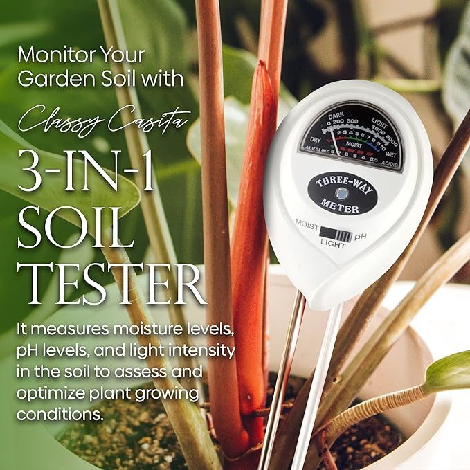 Classy Casita 3-in-1 Garden Soil Tester- Three Way Plant Soil Test Kit to Measure Soil Moisture, pH-Value, and Sunlight Soil Moisture Meter w/Plant Watering & Care eBook, White