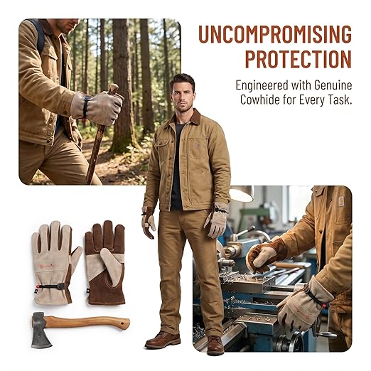 Leather Work Gloves for Women with Cotton Lining, Thorn Proof Gardening Gloves for TIG/MIG Welding, Construction (Brown, XX-Large)