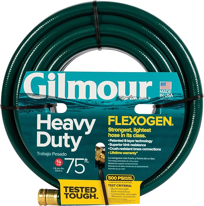 Gilmour Flexogen 3/4 in x 75 ft Garden Hose, Heavy Duty Water Hose, Flexible and Kink Resistant Outdoor Hose, Green