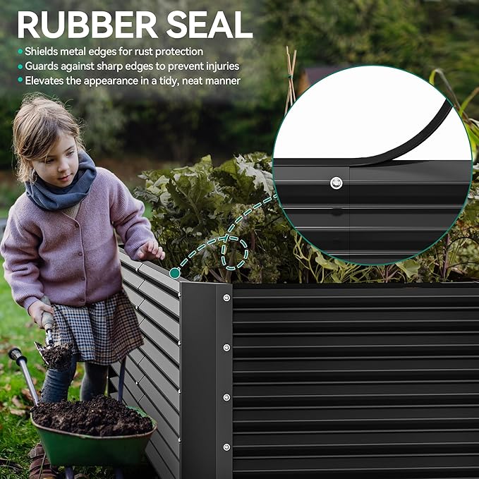 YITAHOME 8x4x2ft Raised Garden Bed Kit, Outdoor Large Metal Patio Planter Box with 2 Gloves, Ground Nails, Support Rod, and Safe Edge Curling Design for Plants Vegetables Flowers, Dark Gray
