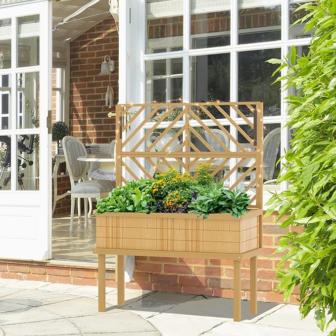 Outsunny Raised Garden Bed with Trellis for Climbing Plants, Vegetable, Grape Vines, Elevated Planter Box with Legs, Drainage Holes and Filter for Outdoor Garden, Patio, Natural Wood