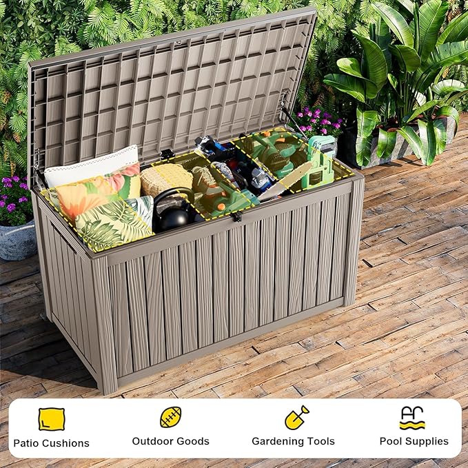 200 Gallon Outdoor Storage Deck Box Lockable Waterproof Resin Outside Bench UV Resistant Bin Patio Porch Furniture Pool Float Garden Tool Cushion Grey