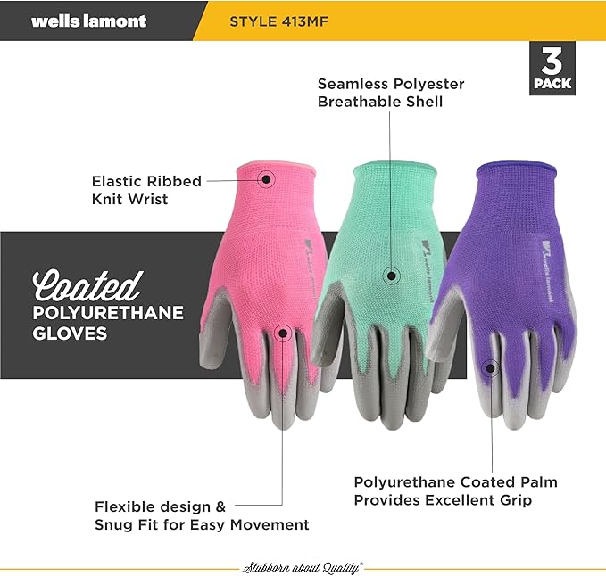 Wells Lamont Gardening Gloves for Women – Breathable Polyester, Seamless Fit – PU-Coated Palm for Grip & Durability – Elastic Wrist – Pink/Green/Purple